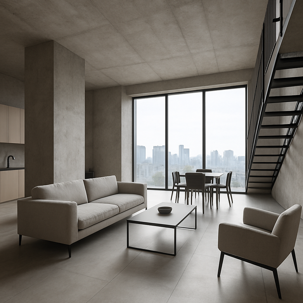 Minimalist loft apartment with concrete textures and tall ceilings