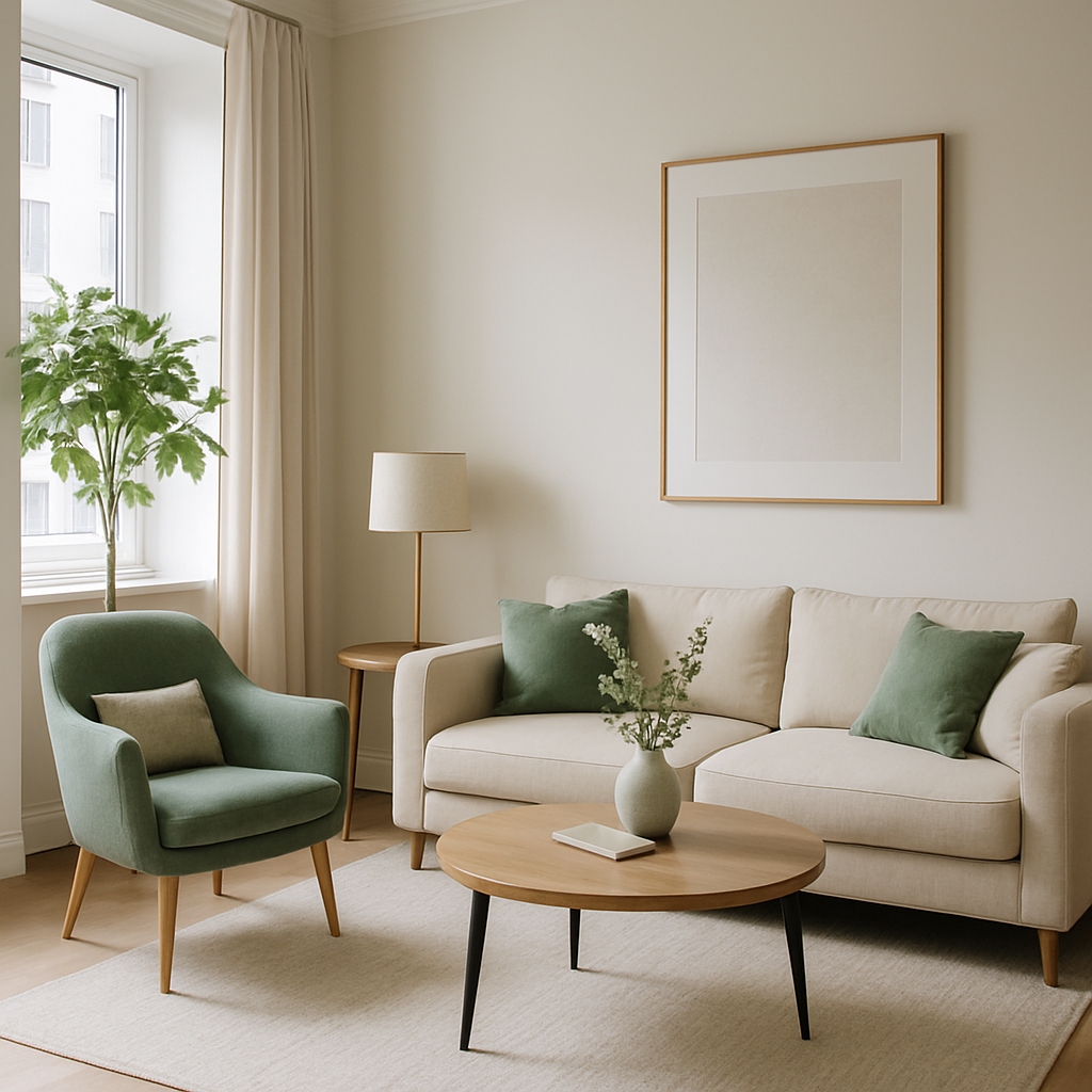Elegant apartment with muted green accents and cozy reading corner
