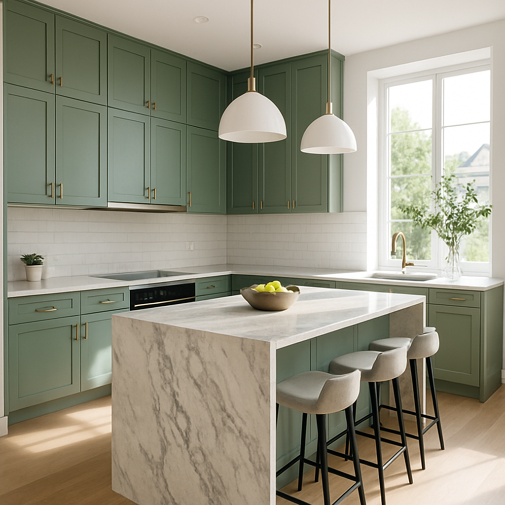 Stylish apartment kitchen with green cabinetry and marble island