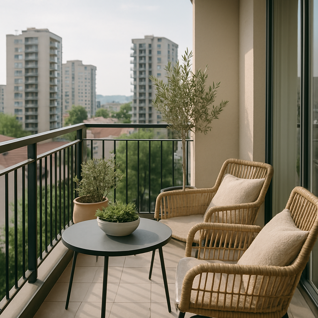 Cozy balcony with city views and light seating