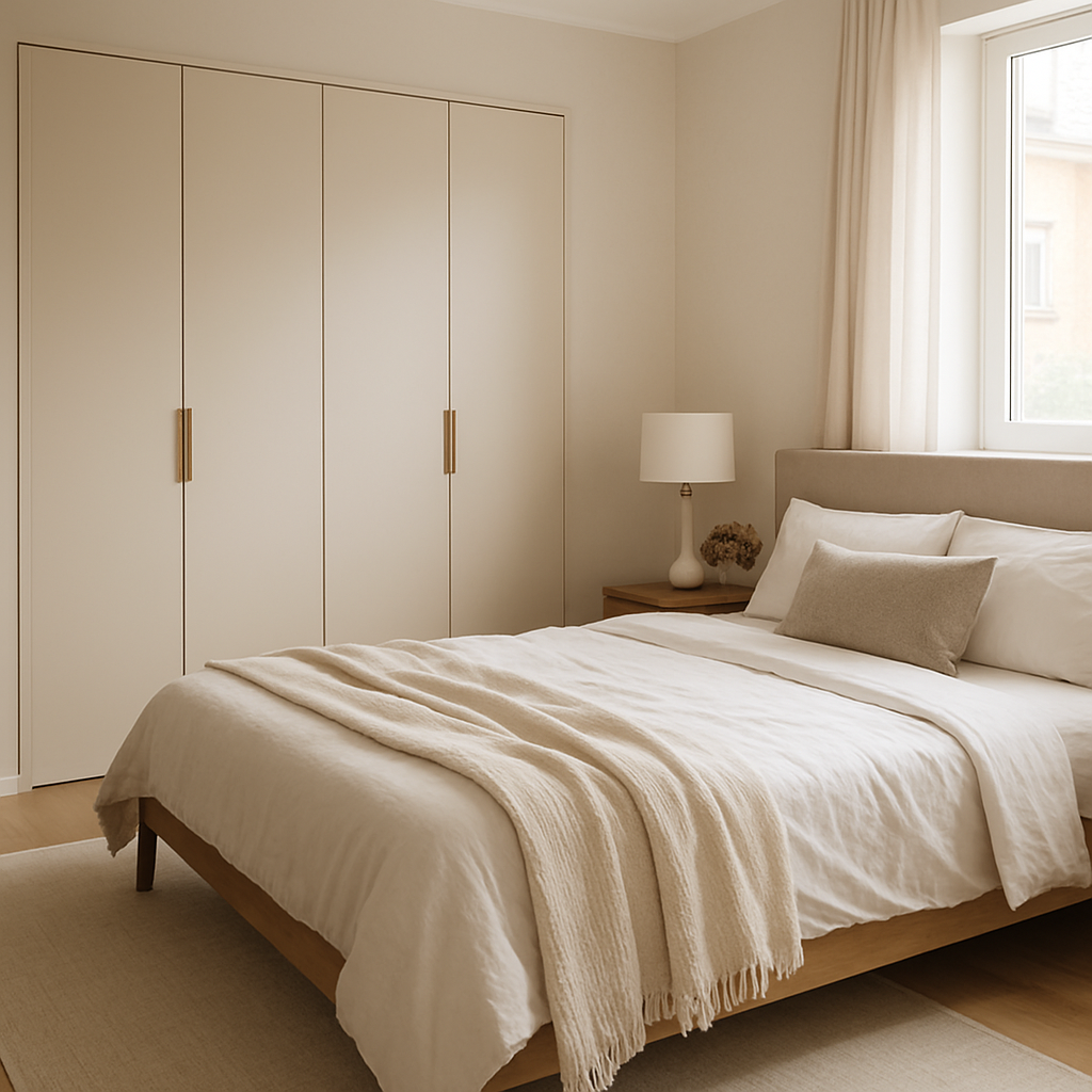 Warm family bedroom with soft textiles and large wardrobe