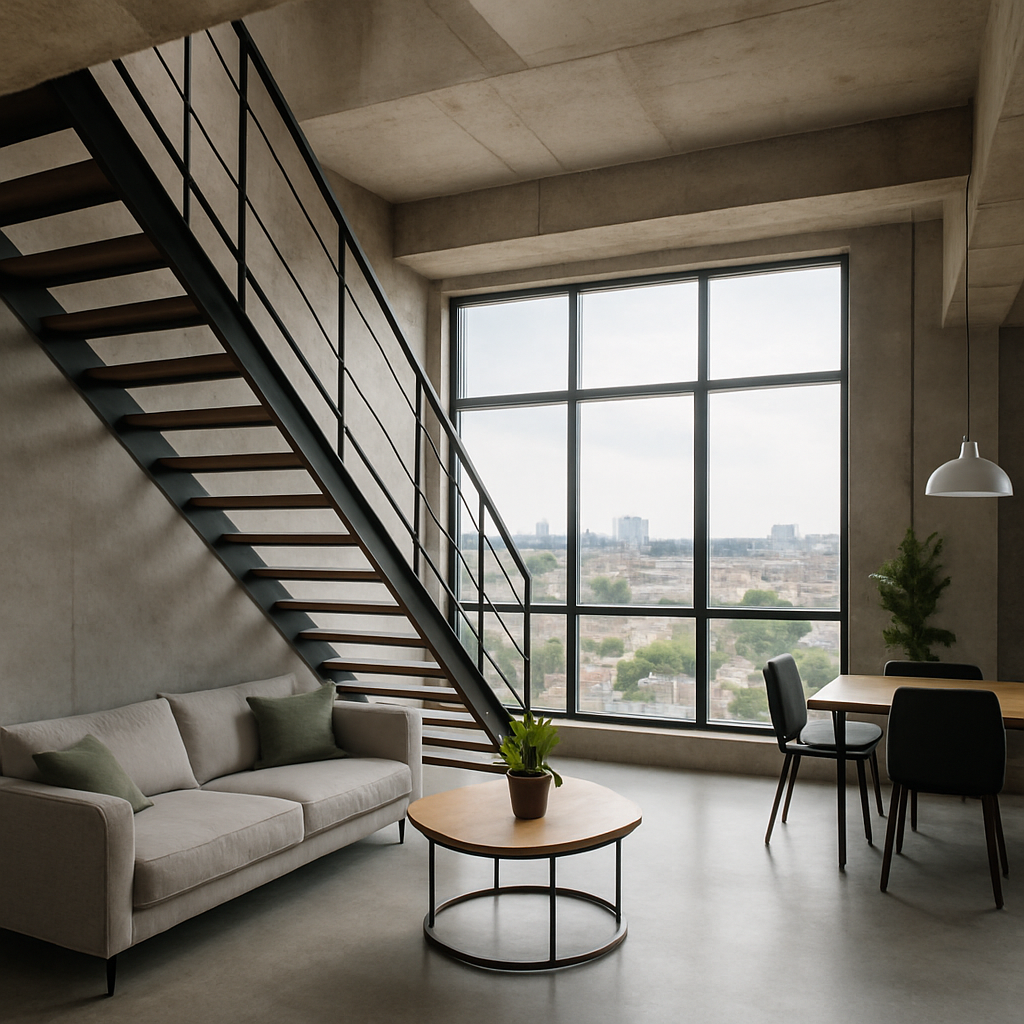 Industrial living space with black metal staircase and city view