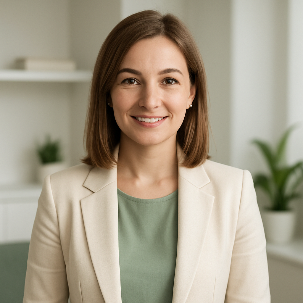 Warm, professional portrait of a Ukrainian female real estate agent with shoulder-length light brown hair, wearing a tailored cream blazer and soft green blouse, smiling in a bright modern office