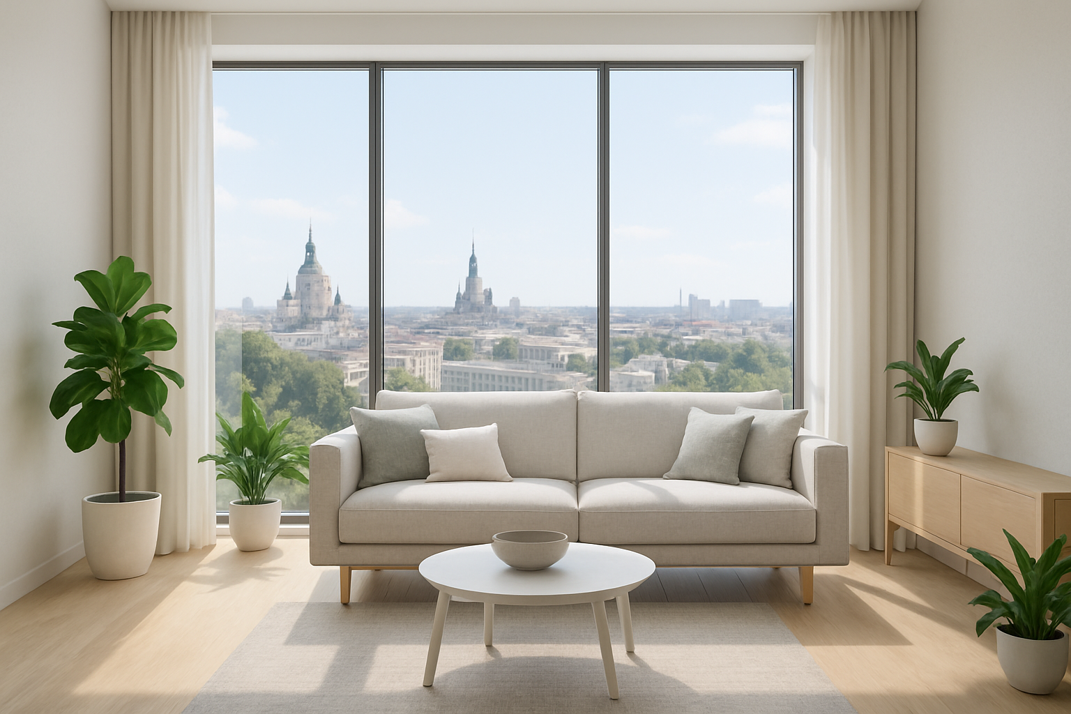 Sunlit modern apartment living room with large windows overlooking Kharkiv skyline