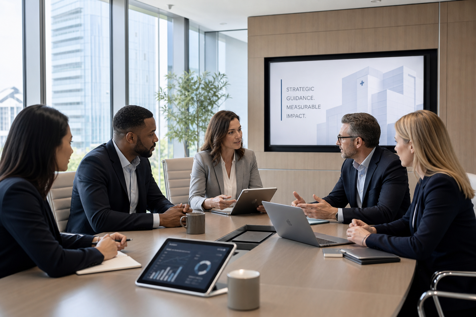 Executive healthcare consultants collaborating in a modern boardroom setting