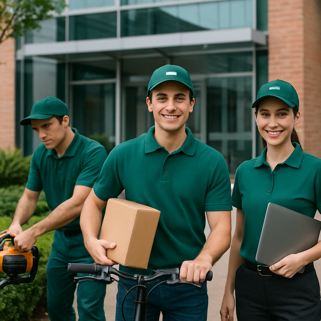 Equipo multiservicios en acción brindando servicios de jardinería, mensajería y apoyo empresarial