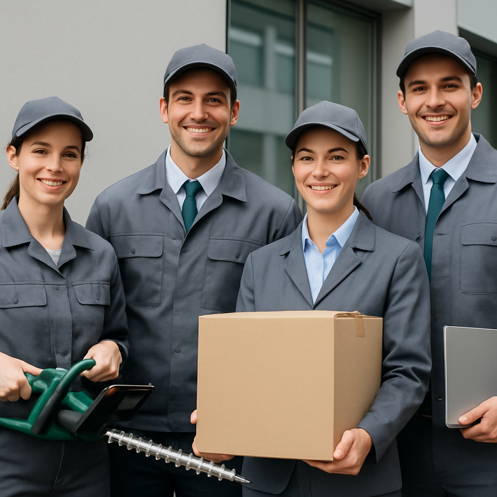 Equipo multiservicios en acción brindando servicios de jardinería, mensajería y apoyo empresarial