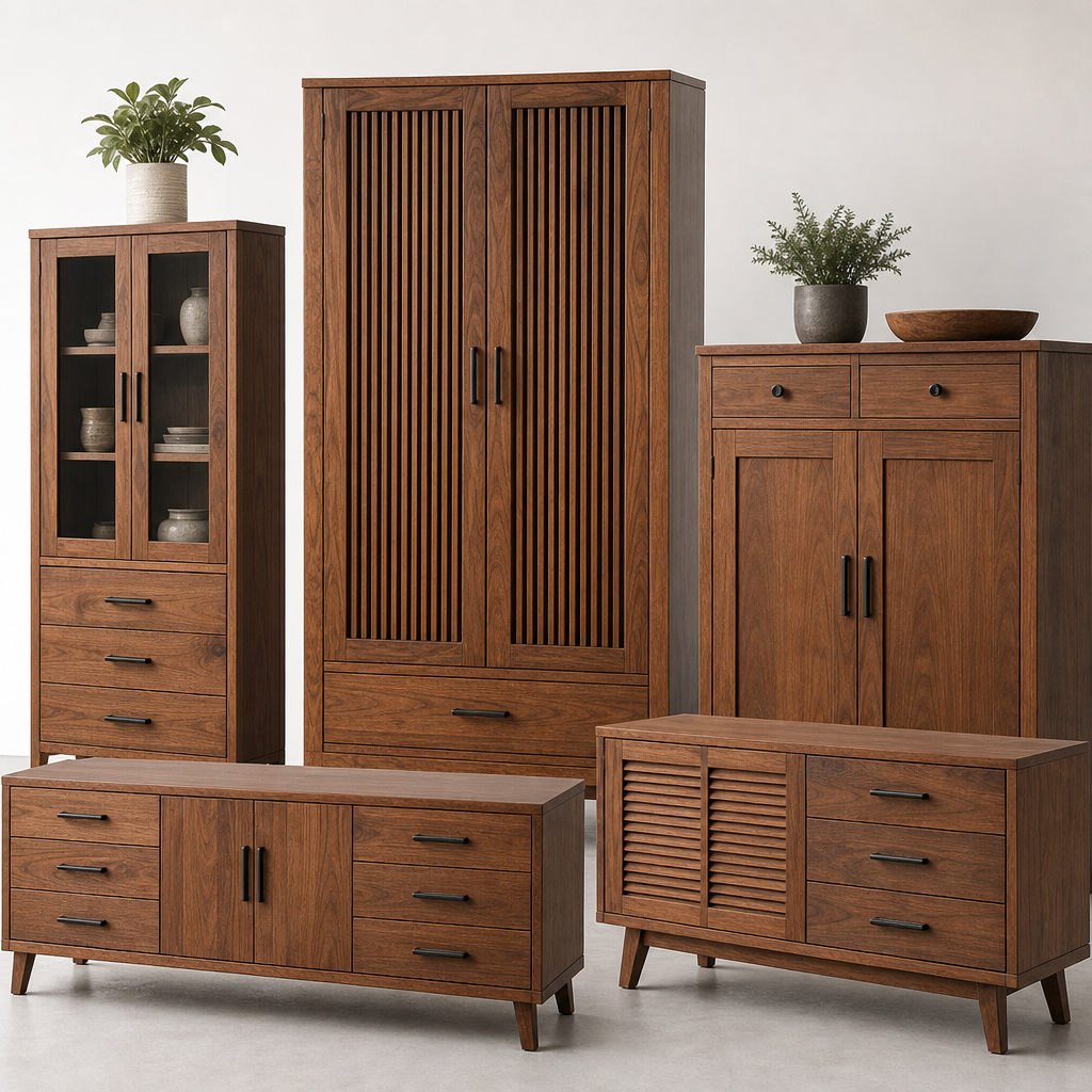 Wooden cabinets and storage units with clean hardware finishes