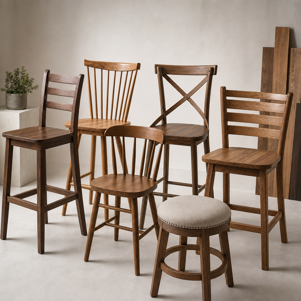 Assorted wooden chairs and stools with upholstered options for export