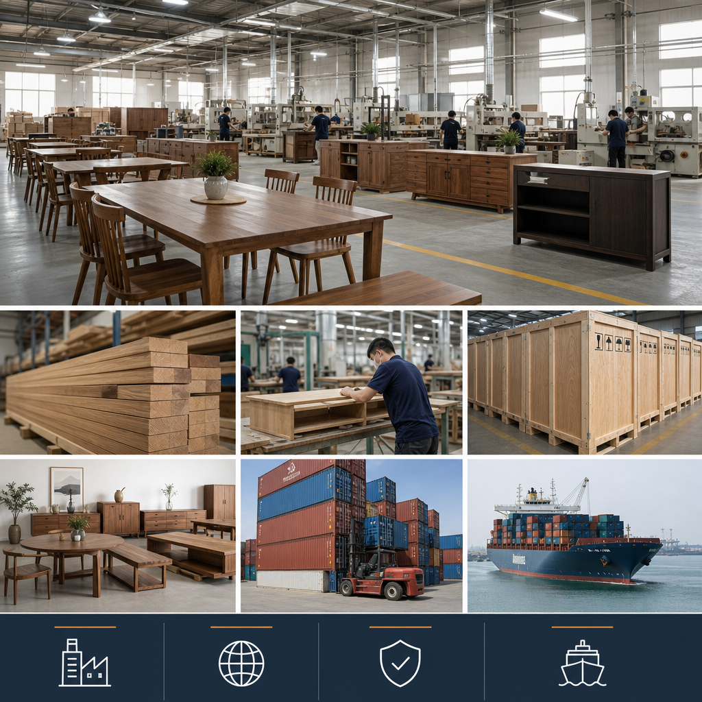 Modern wooden furniture workshop with clean staging, timber textures, and export-ready crates