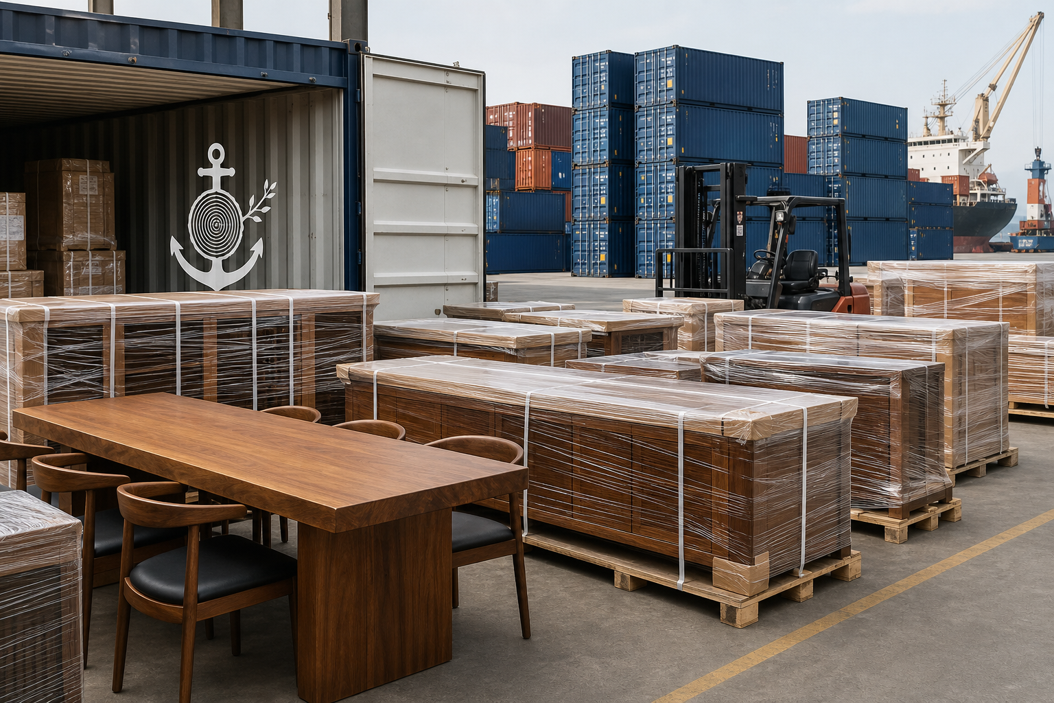 Premium wooden furniture packed for export with shipping containers and maritime logistics cues