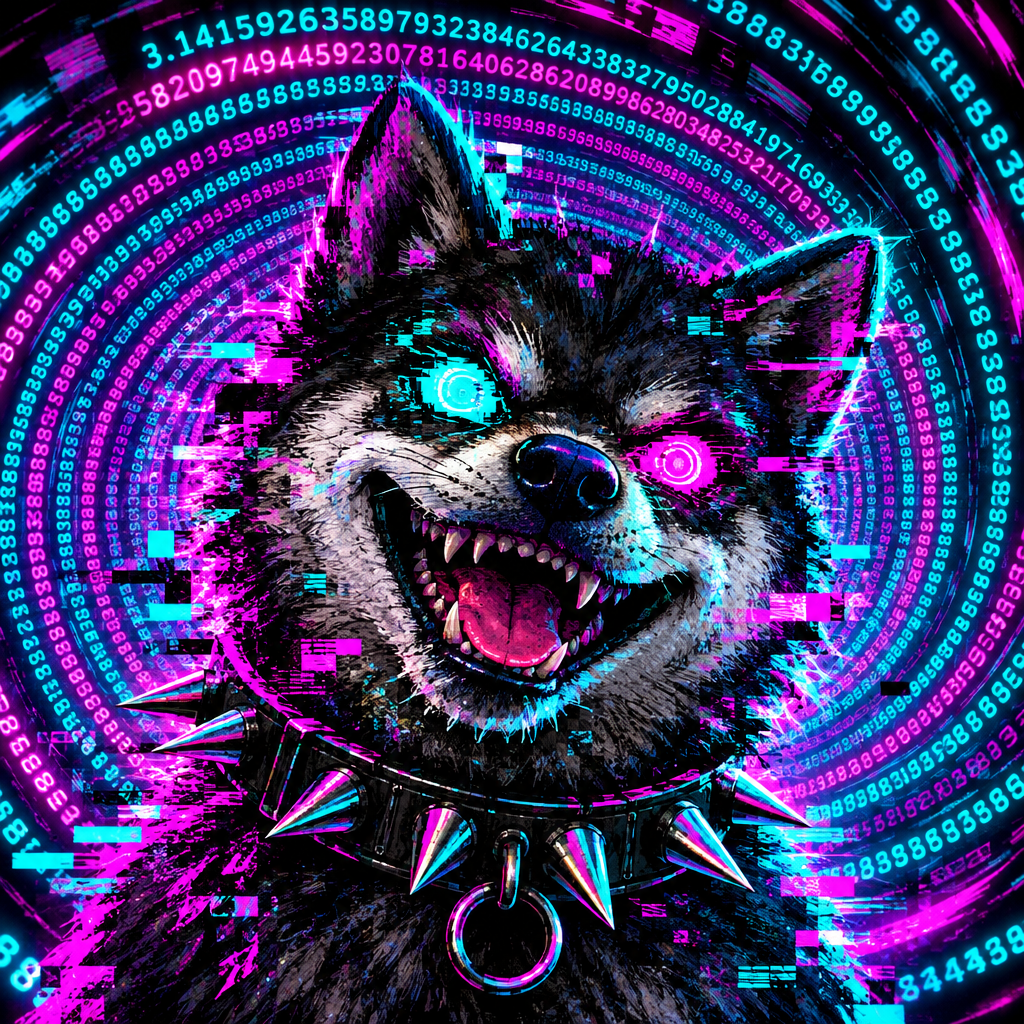 Chaotic cyber inu creature with neon eyes, jagged collar, and pixel-glitch aura emerging from a tunnel of endless digits