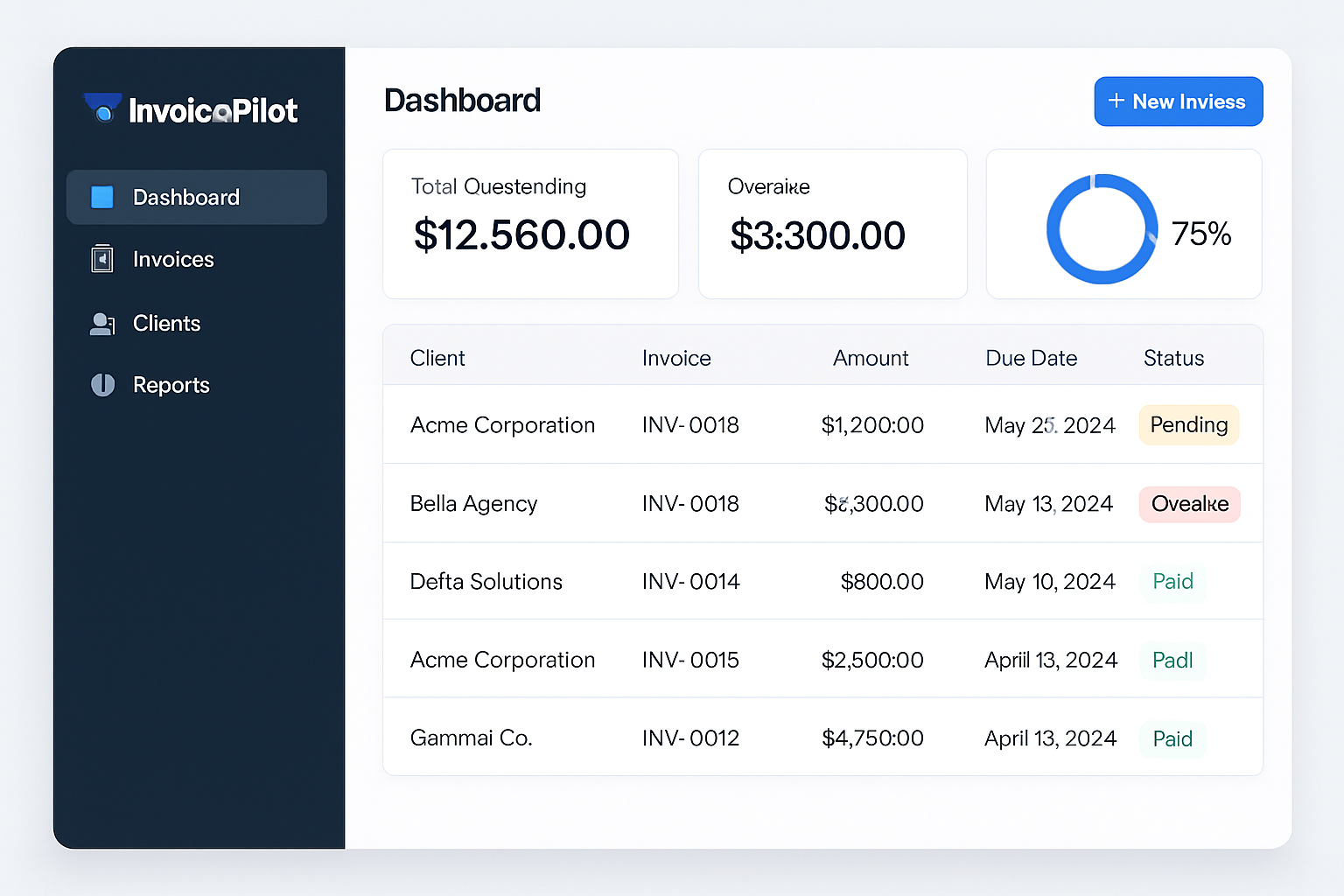 InvoicePilot dashboard showing invoice management interface with payment tracking and automated reminder features