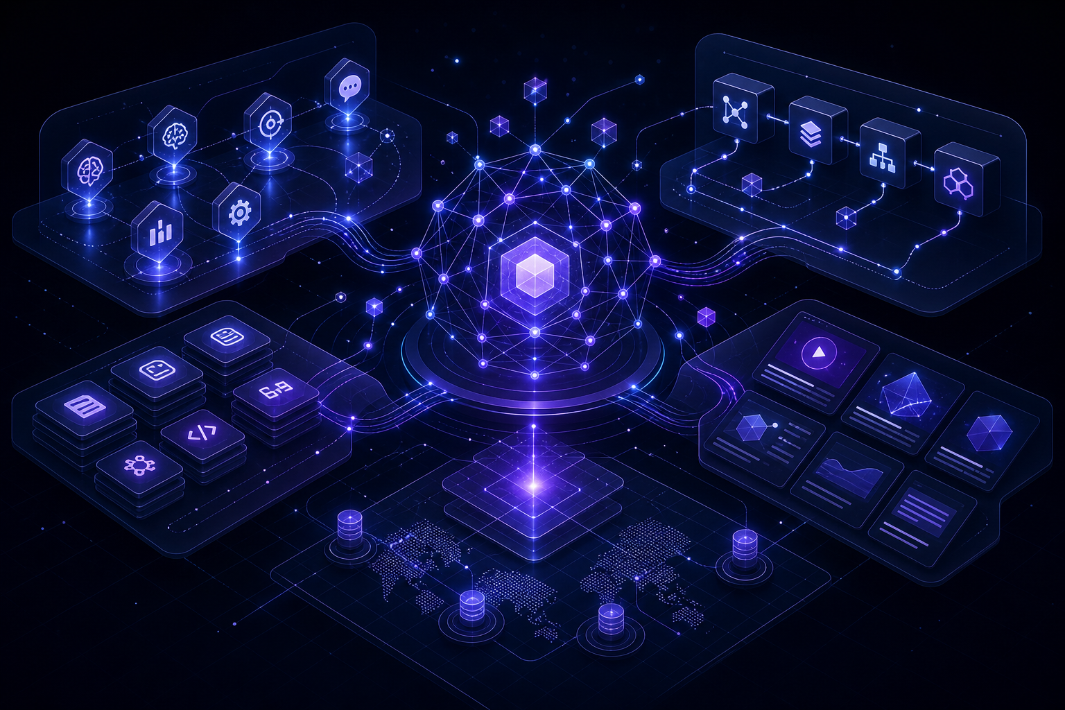 Futuristic ontology network interface with connected nodes, layered grids, flowing paths, and modular panels representing AI agents, reusable skills, and learning systems