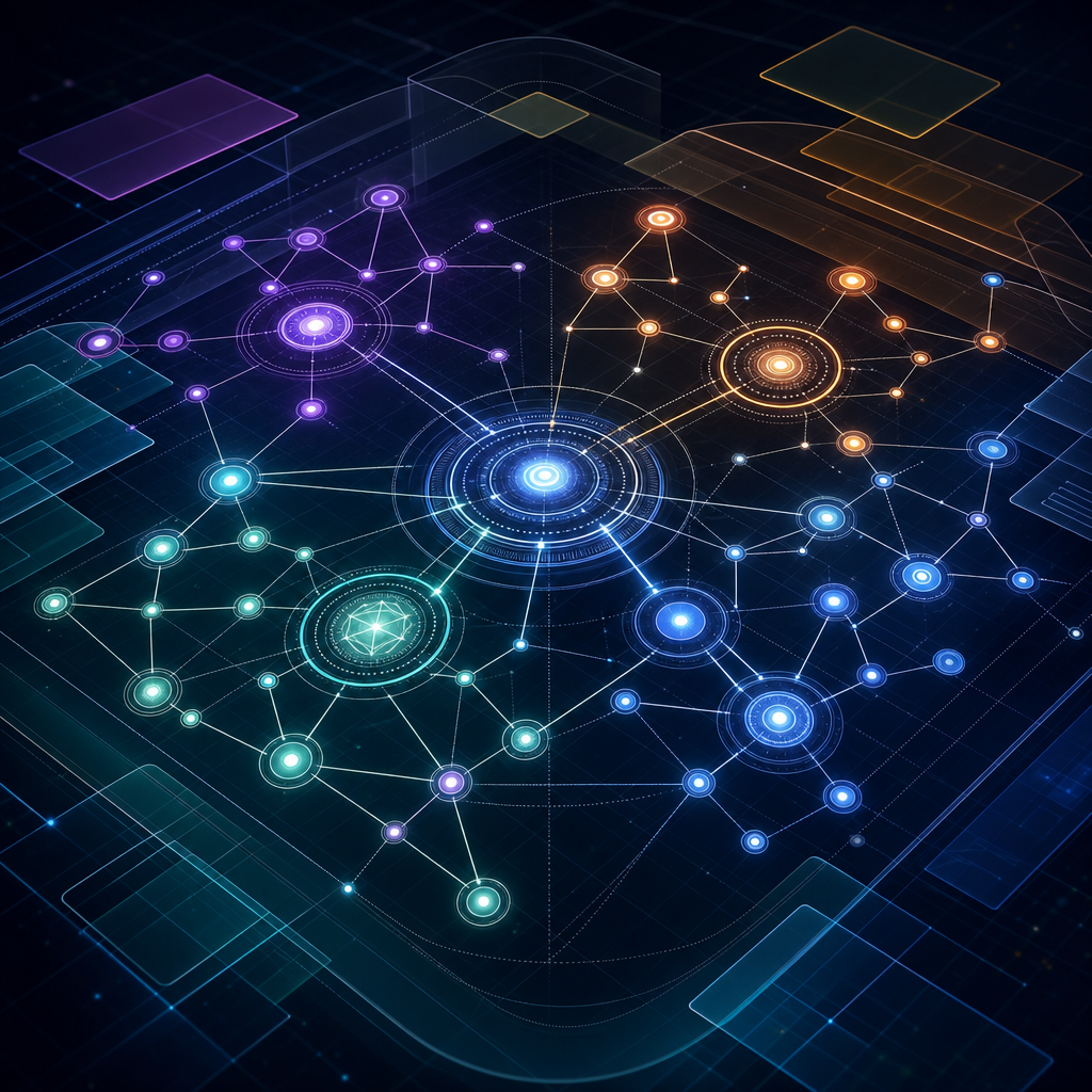 Futuristic semantic system diagram with nodes, relation lines, and layered knowledge graph clusters
