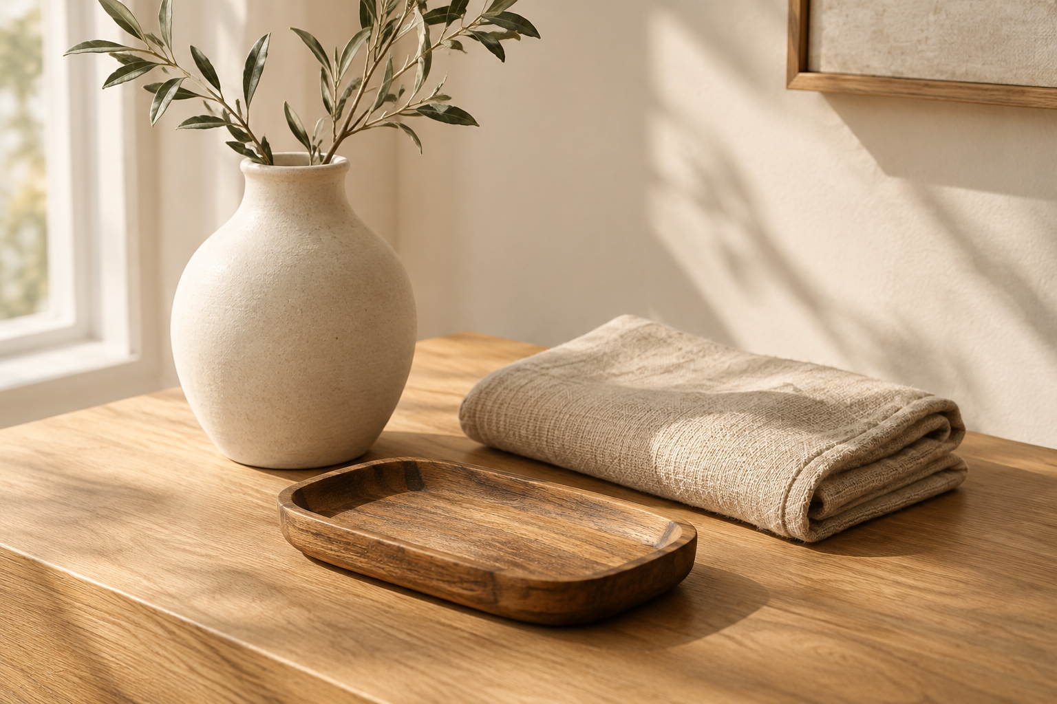 Handcrafted ceramic vase, woven linen, and warm wood styling in soft natural light