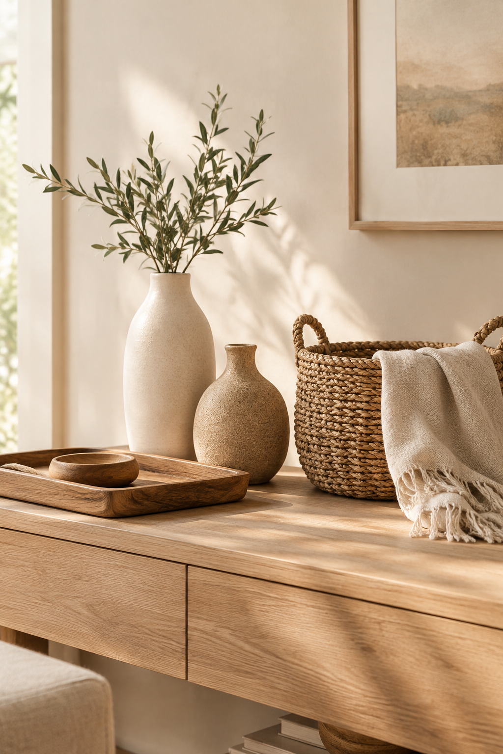 Serene arrangement of handmade ceramic vases, woven baskets, and linen accents in a warm natural living interior