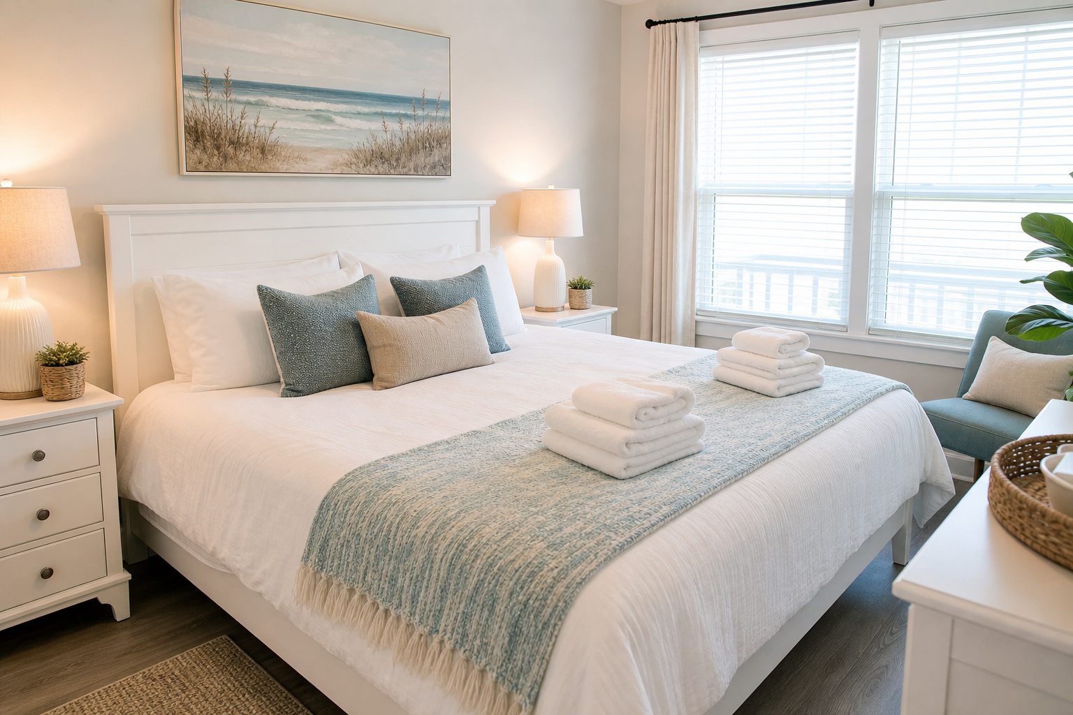 Guest-ready Airbnb bedroom with crisp linens, folded towels, and neatly staged nightstands in bright natural light