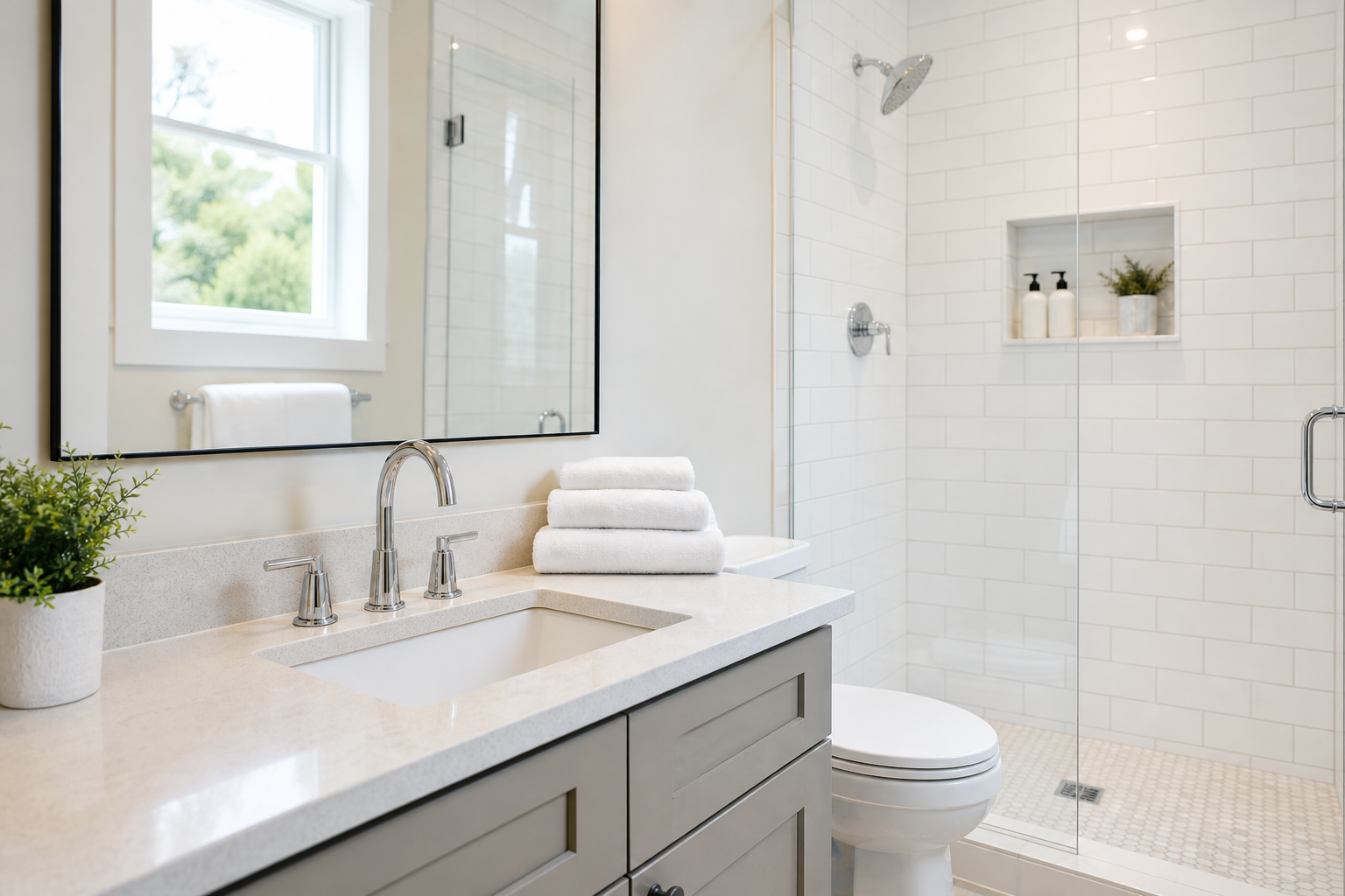 Sparkling bathroom deep cleaning detail with polished chrome fixtures, clean tile grout, and fresh white towels