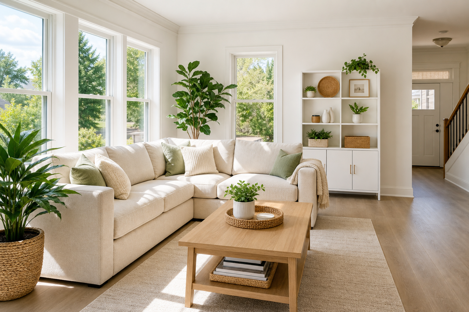 Bright airy living room with natural daylight, white and soft neutral surfaces, indoor plants, and a welcoming sectional sofa in a polished clean home