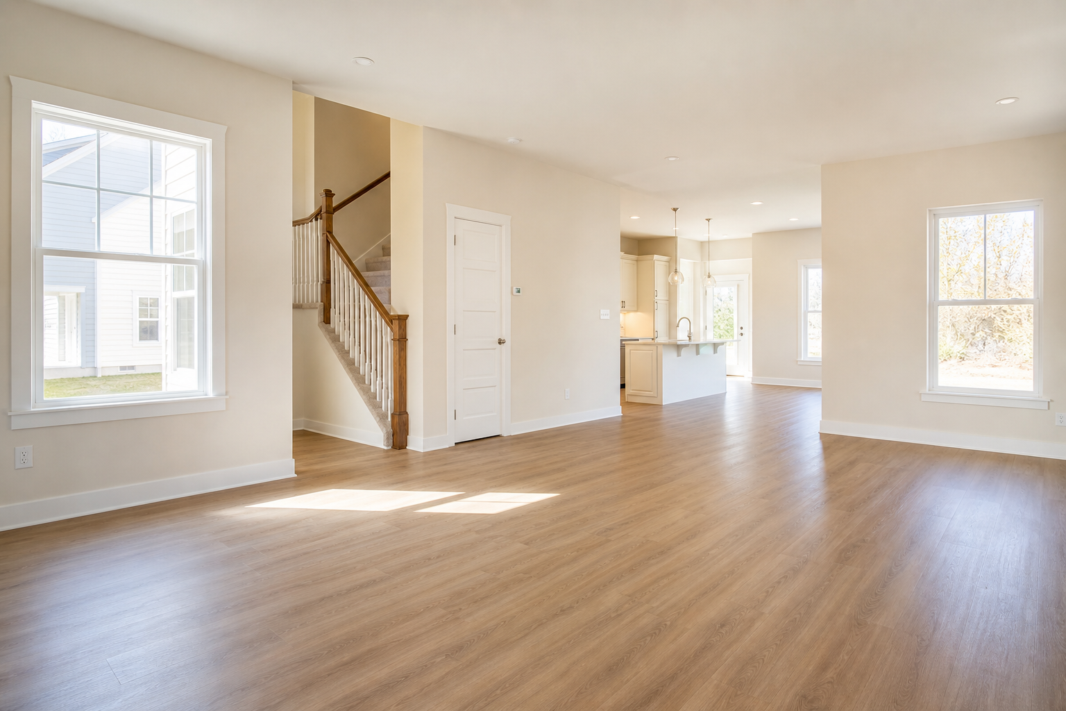 Freshly cleaned empty home interior ready for move-in, with spotless floors and bright open rooms