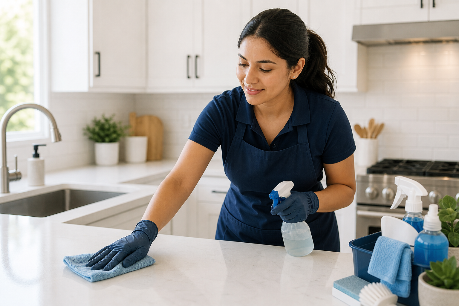 Professional cleaner wiping a modern kitchen counter with organized supplies nearby