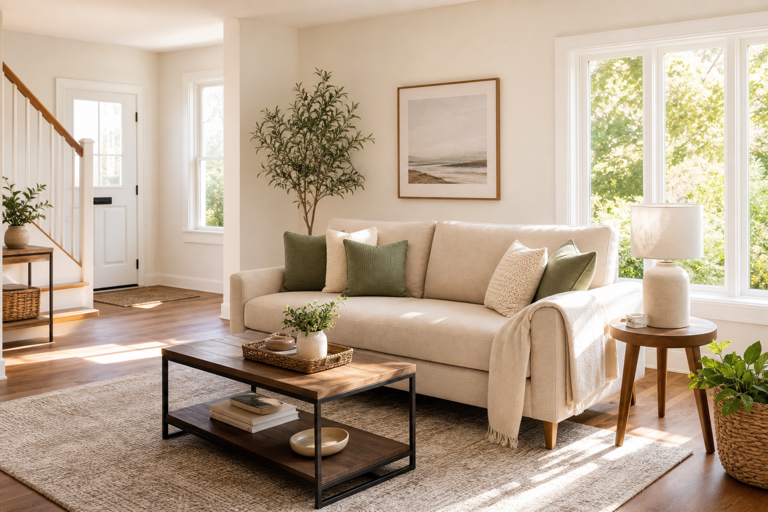 Bright tidy living room with sunlit windows, neutral sofa, and spotless hardwood floors
