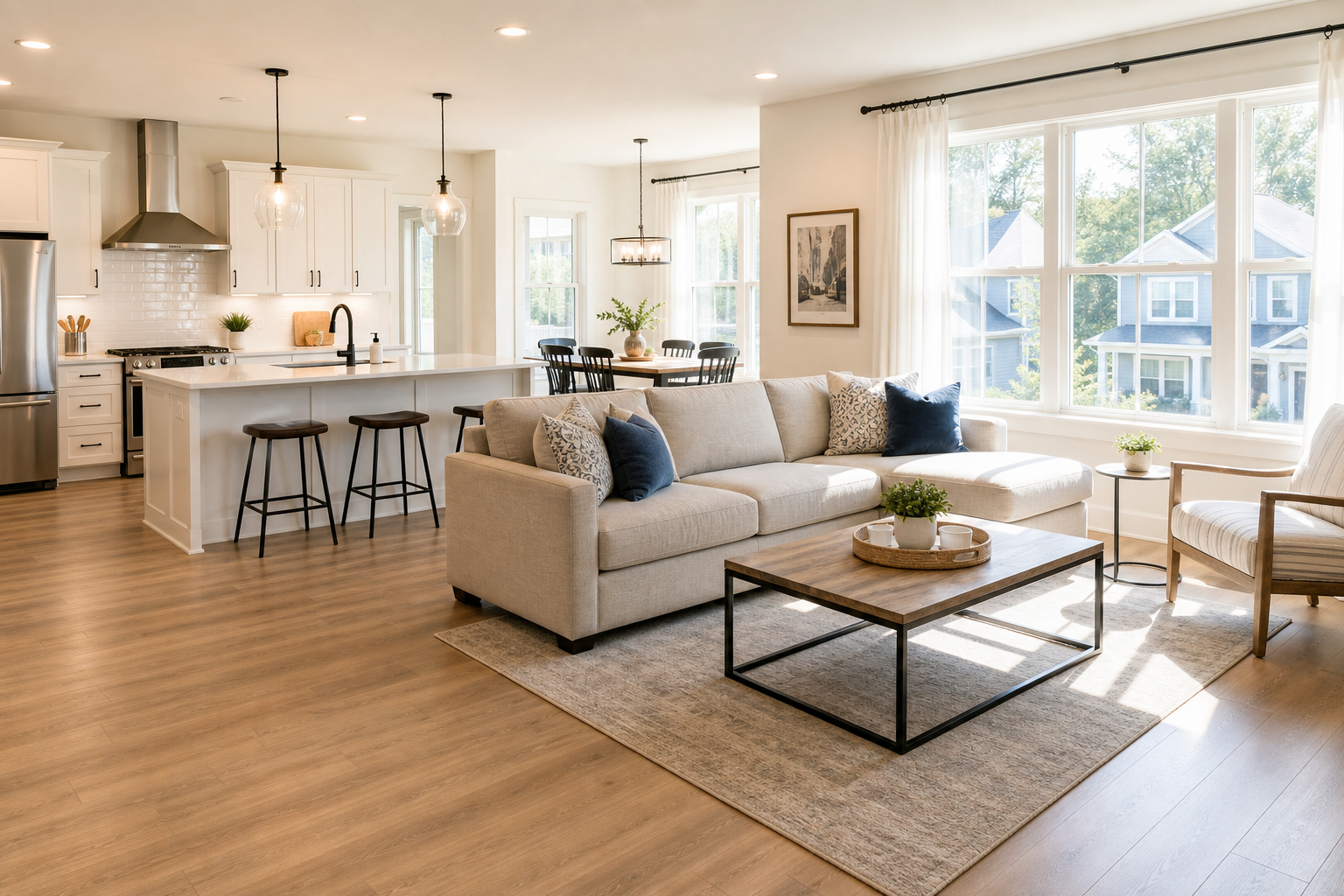 Bright modern living room and kitchen after residential cleaning, with tidy counters, fluffed cushions, and natural daylight