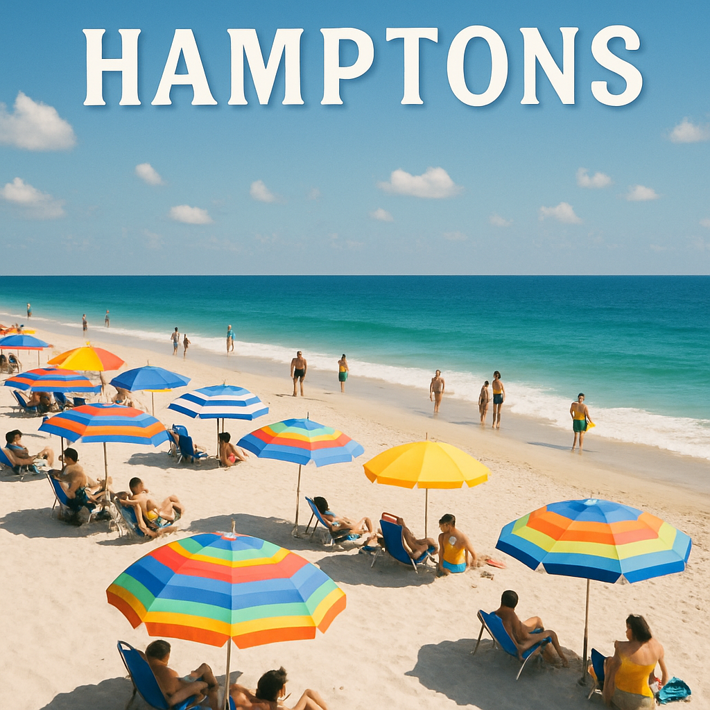 Sunny beach with umbrellas and people enjoying the ocean