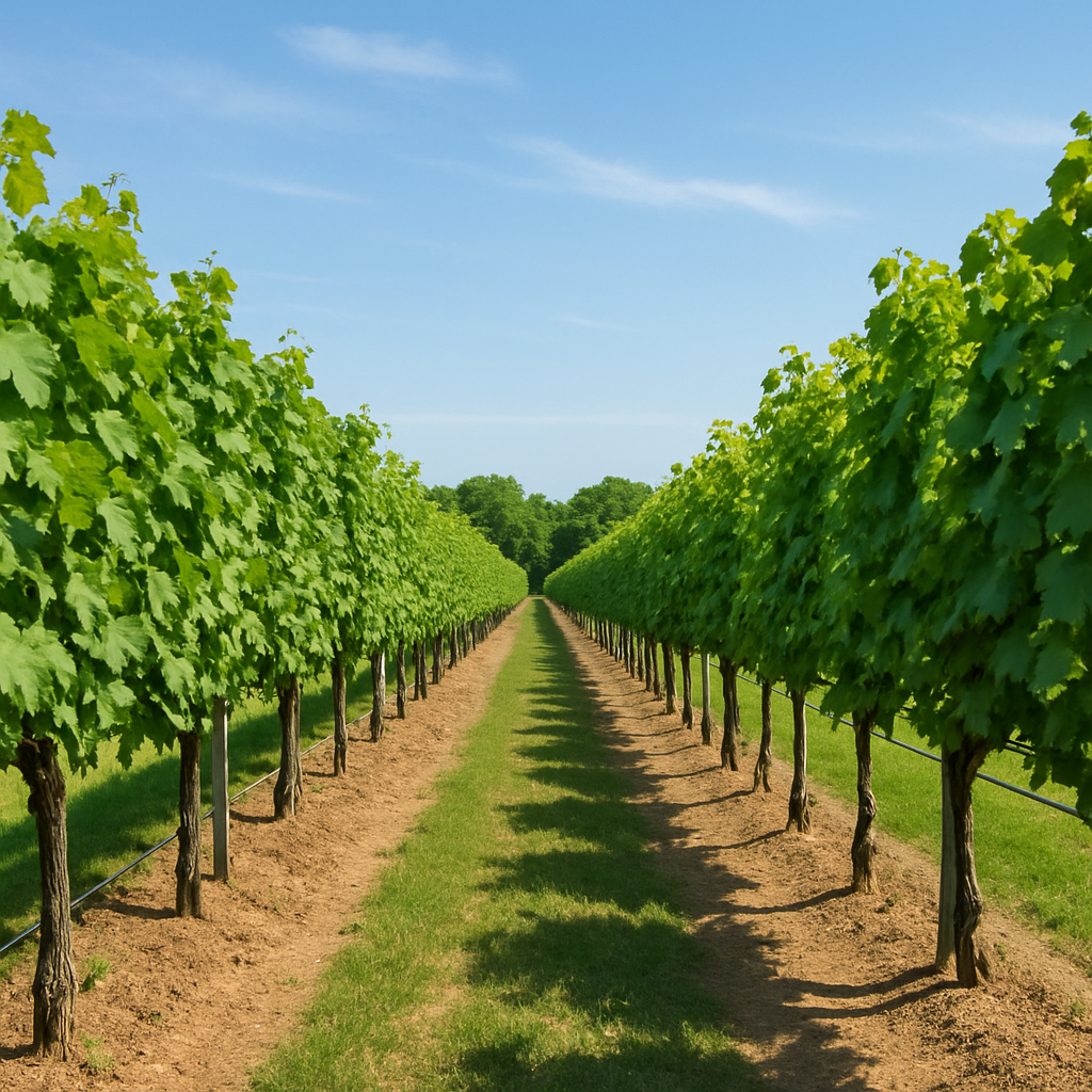 Rows of grapevines at a Hamptons vineyard in summer