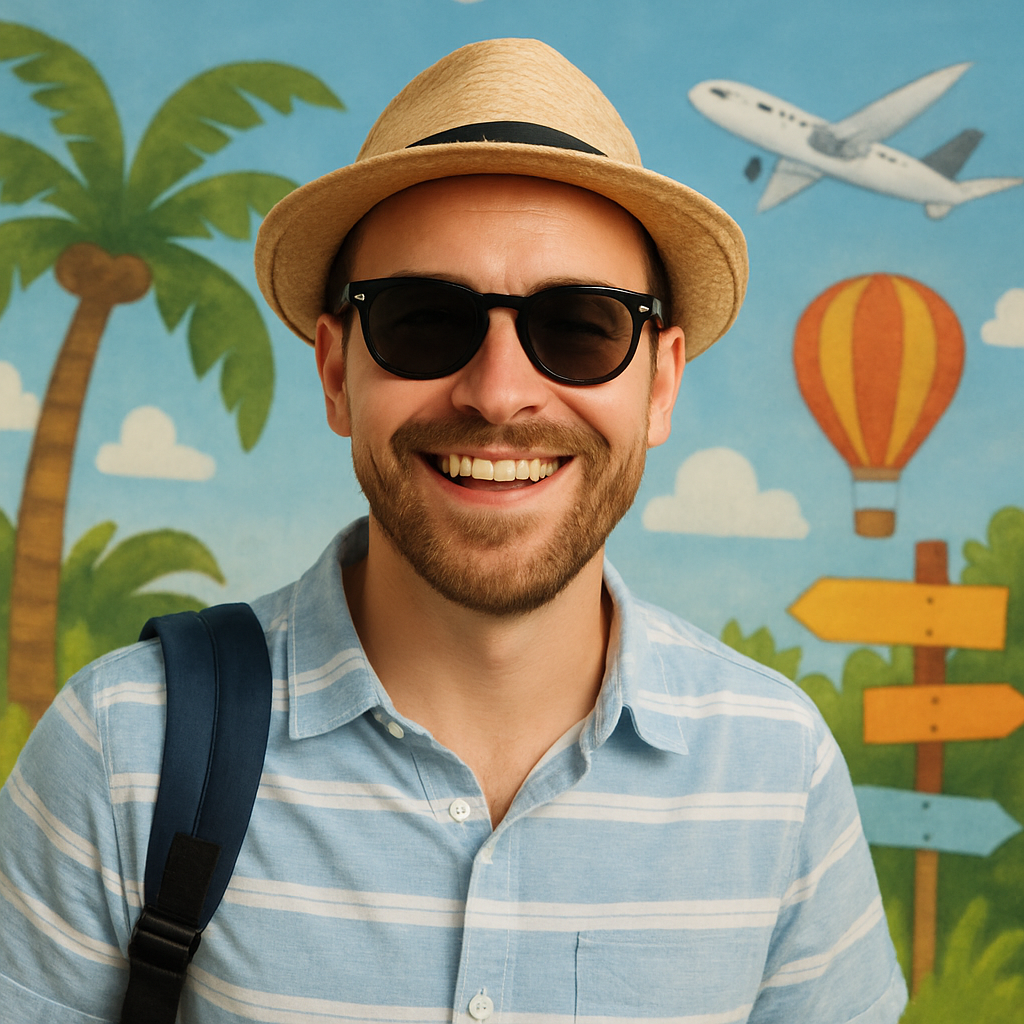 Traveler portrait - cheerful man with sunglasses and straw hat