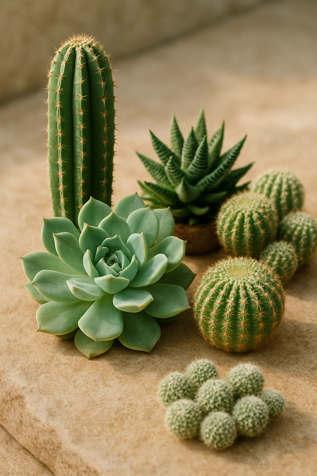 Assorted rare cactus and succulent plants arranged on a warm stone surface with varied shapes and textures