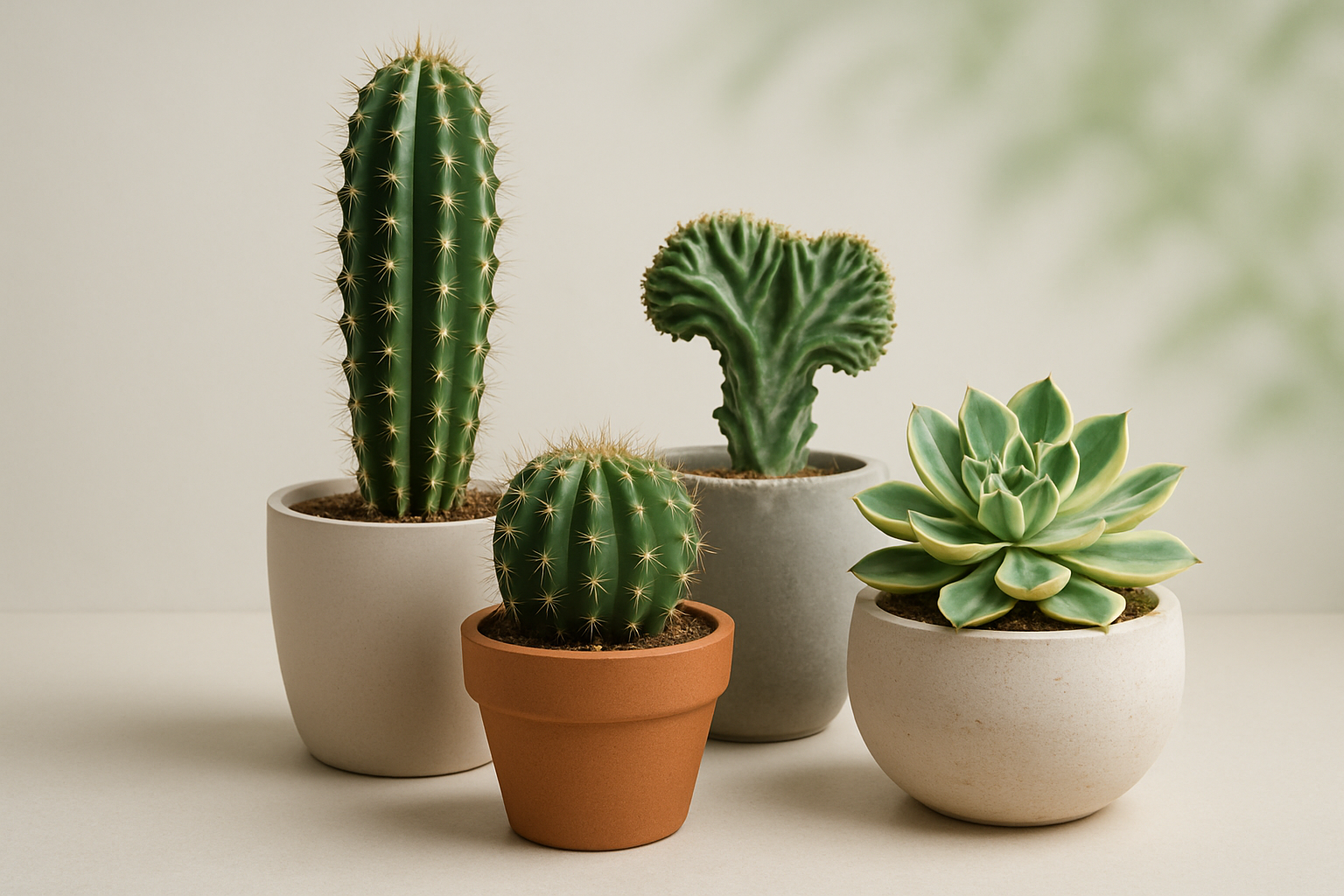 Collection of rare cacti and succulents in modern clay and ceramic pots