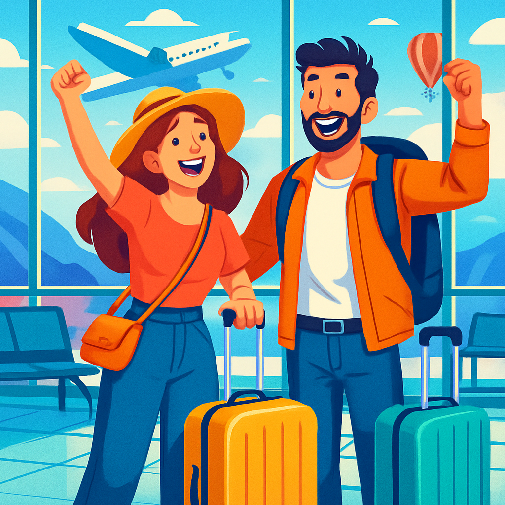Couple with suitcases at airport ready for adventure