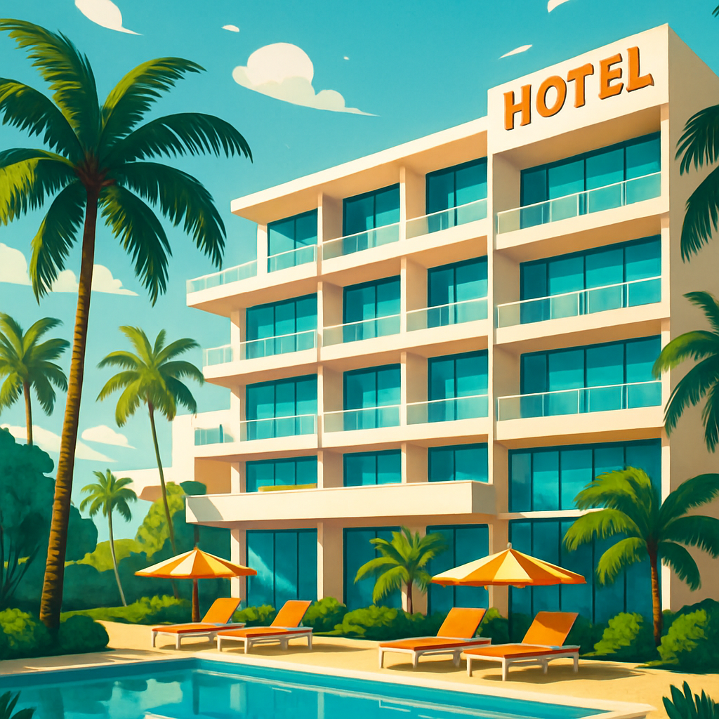 Modern hotel exterior with palm trees and pool
