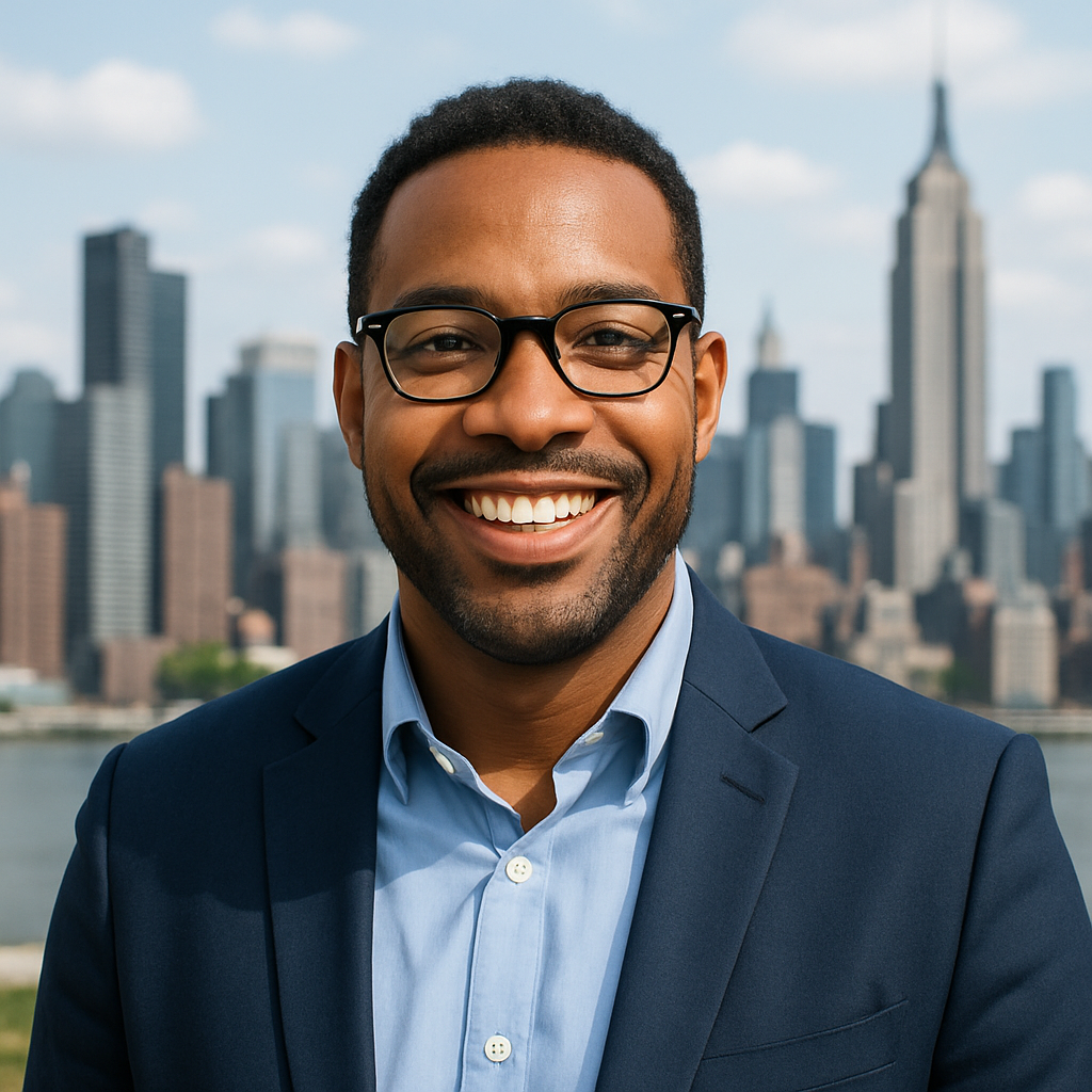 Photo of David Lee, a cheerful man in glasses with a city skyline background