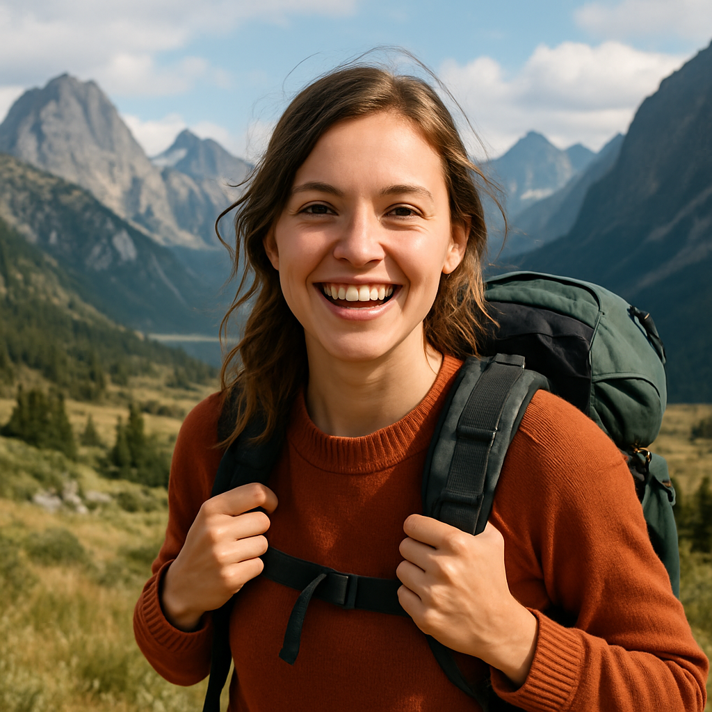 Photo of Sofia Garcia, a young woman with a backpack smiling in front of mountains