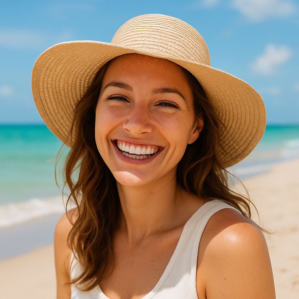 Photo of Emily Carter, a smiling woman wearing a sunhat at a beach