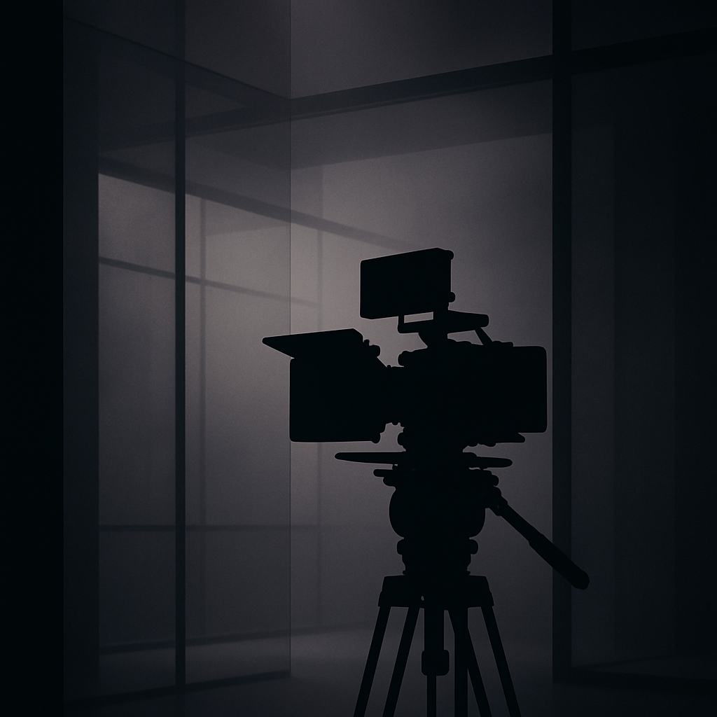 Cinematic abstract studio scene with layered translucent panels, cool neutral lighting, and a matte black camera rig silhouette