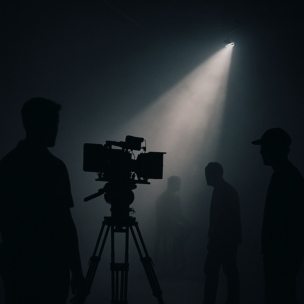 Cinematic brand film still showing a studio production set with cool blue lighting, silhouettes of a film crew, and shallow depth of field