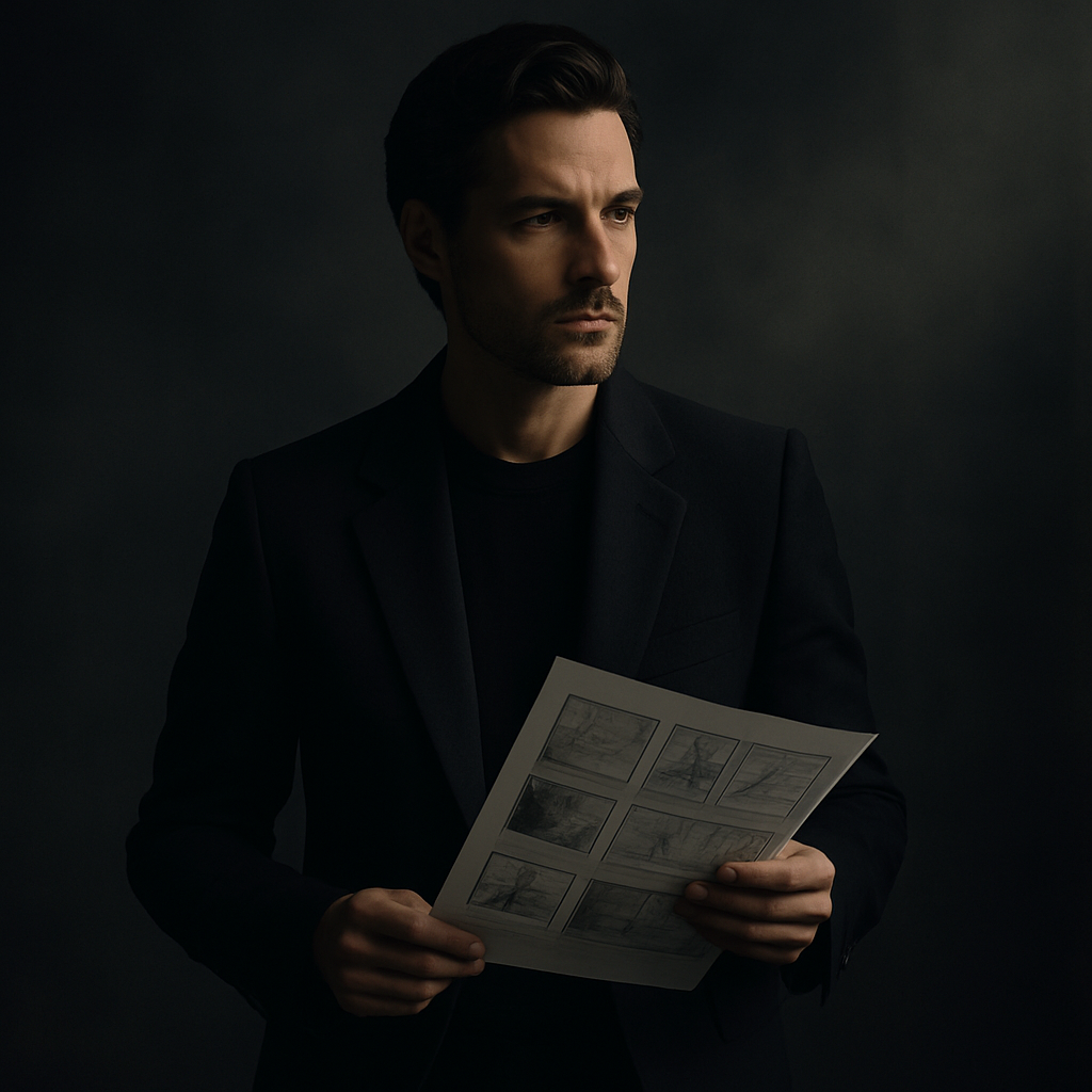 A cinematic studio portrait of an Atlas brand design team member in a dark studio, wearing a structured black jacket and holding a storyboard, cool neutral lighting with soft shadows