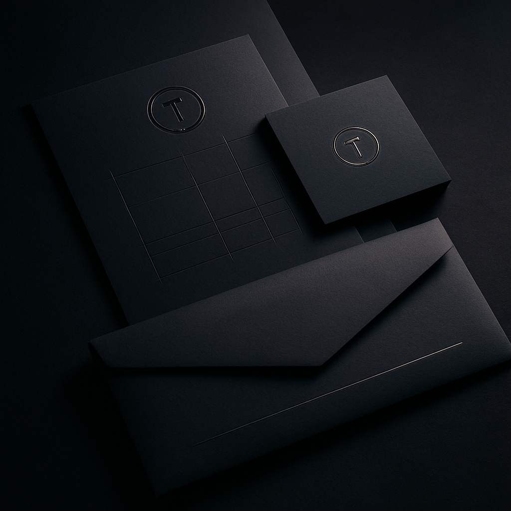 Large-format brand identity system with bold typography on dark stationery, metallic embossing, and precise grid layouts