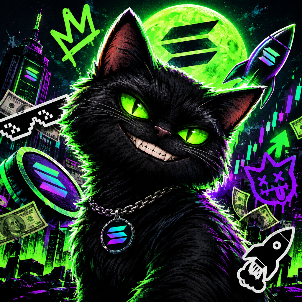 Chaotic black cat meme character with neon eyes and rebellious expression