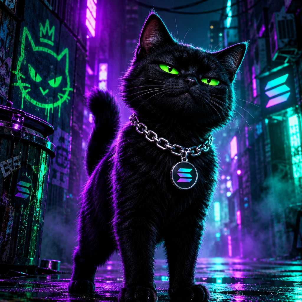 Stylized black cat meme character with glowing green eyes, silver chain collar, and smug expression in a neon alley