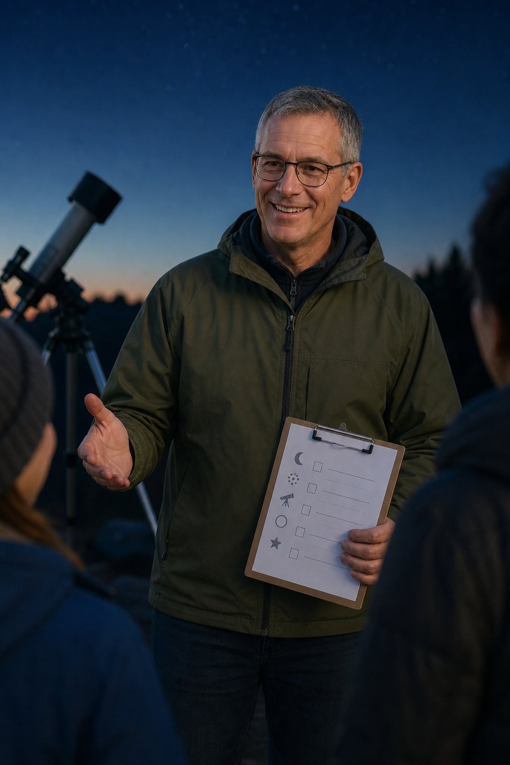 Caleb Wright greeting attendees at dusk with observing checklists