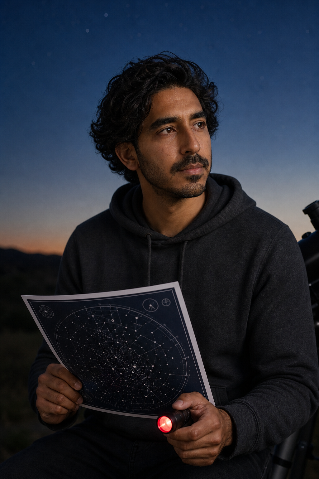 Dev Patel holding a printed star chart and red-light flashlight