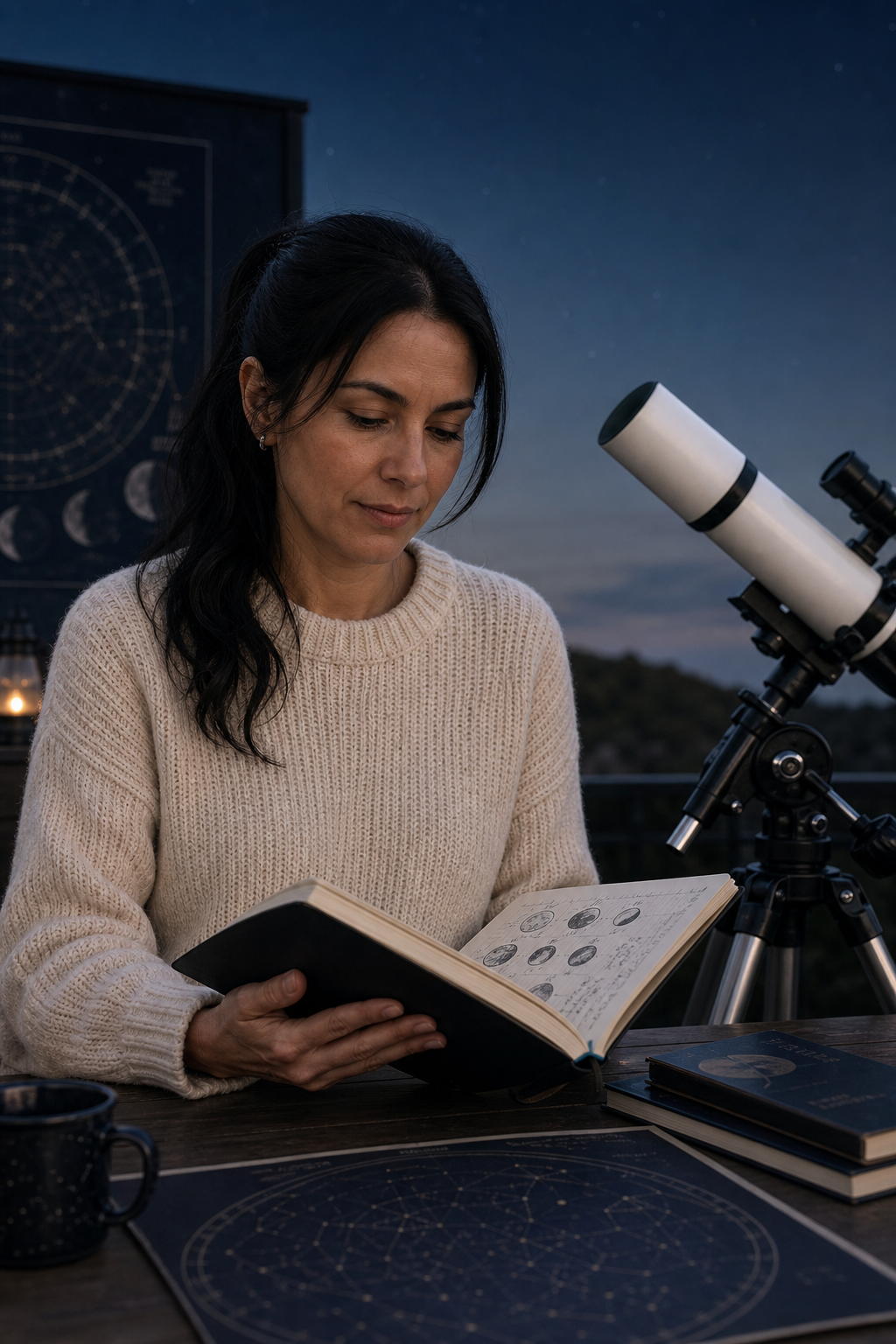 Ines Romero reviewing a moon phase notebook beside a small refractor