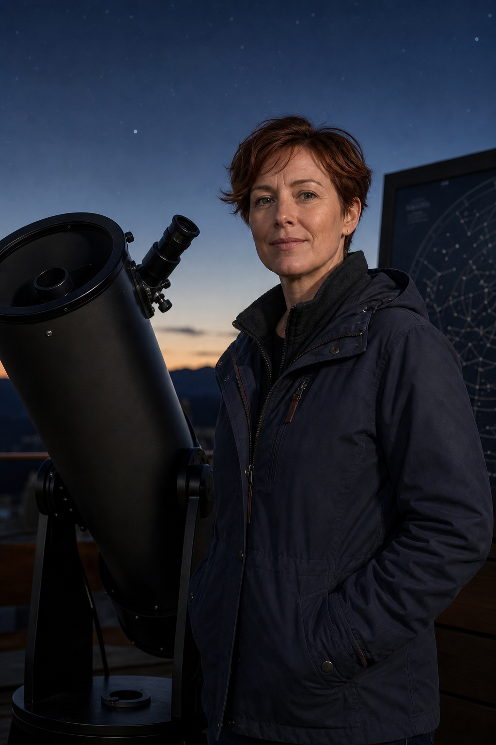 Mara Ellison standing near a telescope in a dark blue field jacket