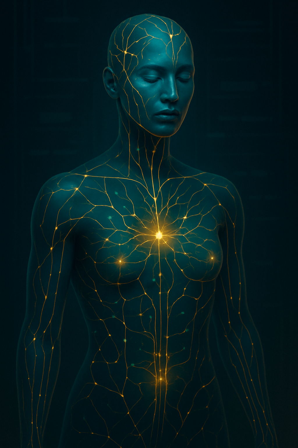 Inclusive, neutral human-form anatomical visualization with ambiguous ethnicity and minimized feminine cues, rendered as a universal lab-grade sci-tech figure. The anatomy is preserved while layered with interconnected neural-network pathways, branching synapse-like connections, luminous signal nodes, and bioelectrical current flows tracing intelligent system energy through and around the body within a credible research environment, featuring a cinematic mood, rich gold/teal glow, deeper dramatic contrast, and clean luxury sci-fi detailing.