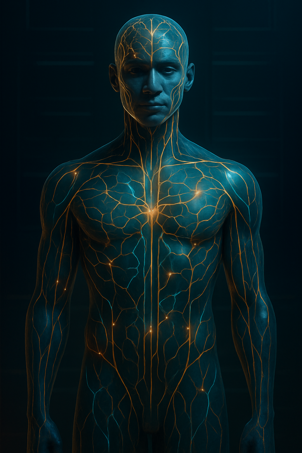 Inclusive, neutral human-form anatomical visualization with ambiguous ethnicity and minimized feminine cues, rendered as a universal enterprise-grade sci-tech figure. The anatomy is preserved while layered with interconnected neural-network pathways, branching synapse-like connections, luminous signal nodes, and bioelectrical current flows tracing intelligent system energy through and around the body within a credible enterprise environment, featuring a cinematic mood, rich gold/teal glow, deeper dramatic contrast, and clean luxury sci-fi detailing.
